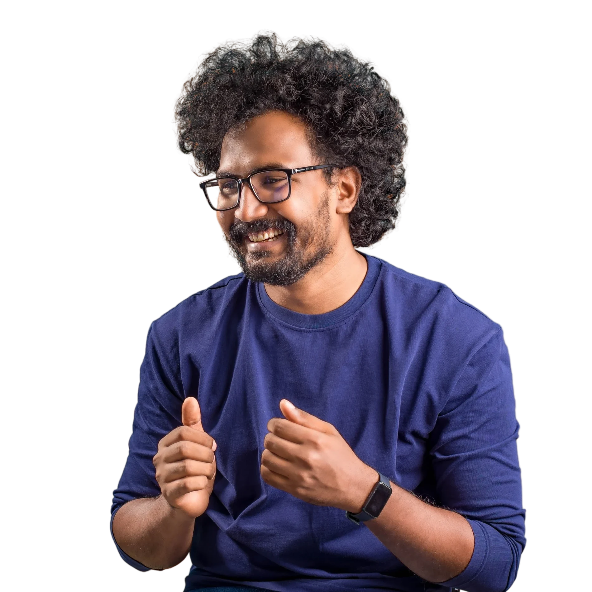 Sahan I Herath smiling in a navy blue shirt